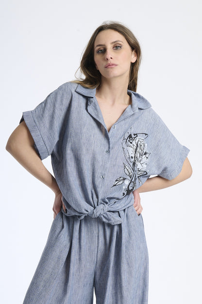 Flower knotted linen shirt