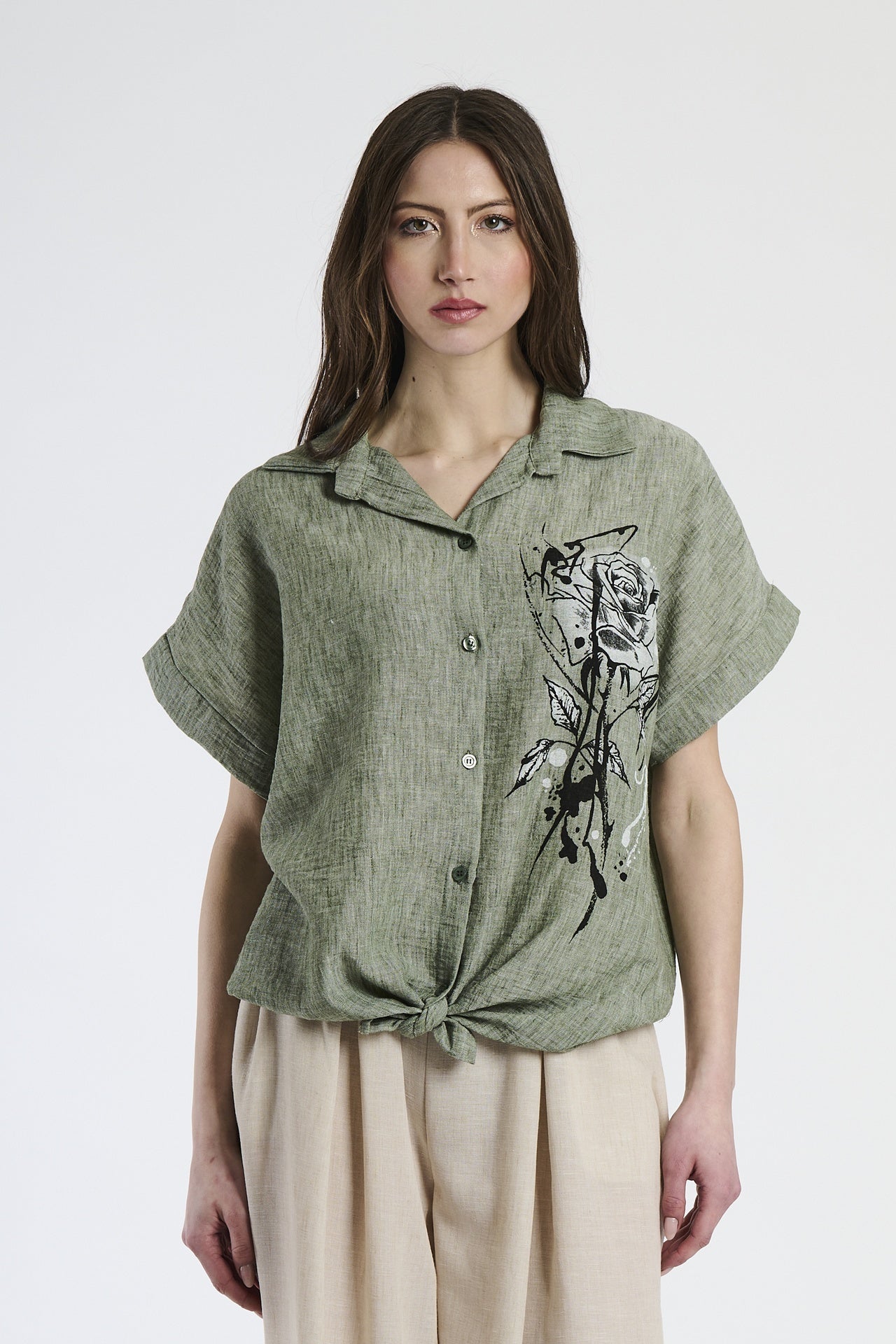 Flower knotted linen shirt