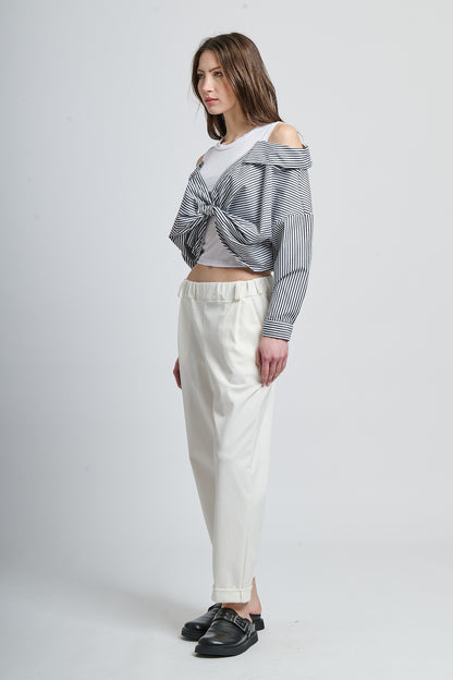 Tie-knotted drape off-shoulder shirt