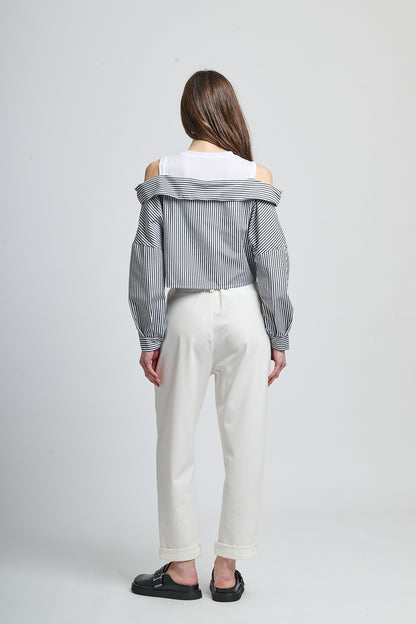 Tie-knotted drape off-shoulder shirt
