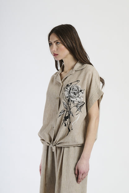 Flower knotted linen shirt