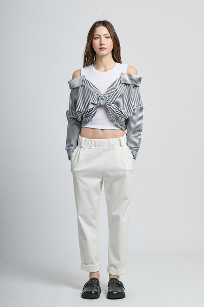 Tie-knotted drape off-shoulder shirt