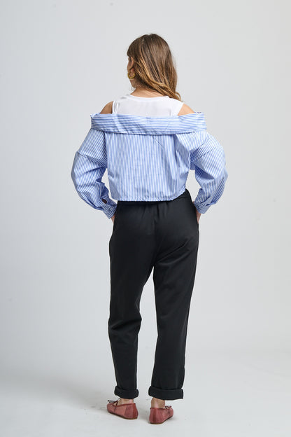 Tie-knotted drape off-shoulder shirt